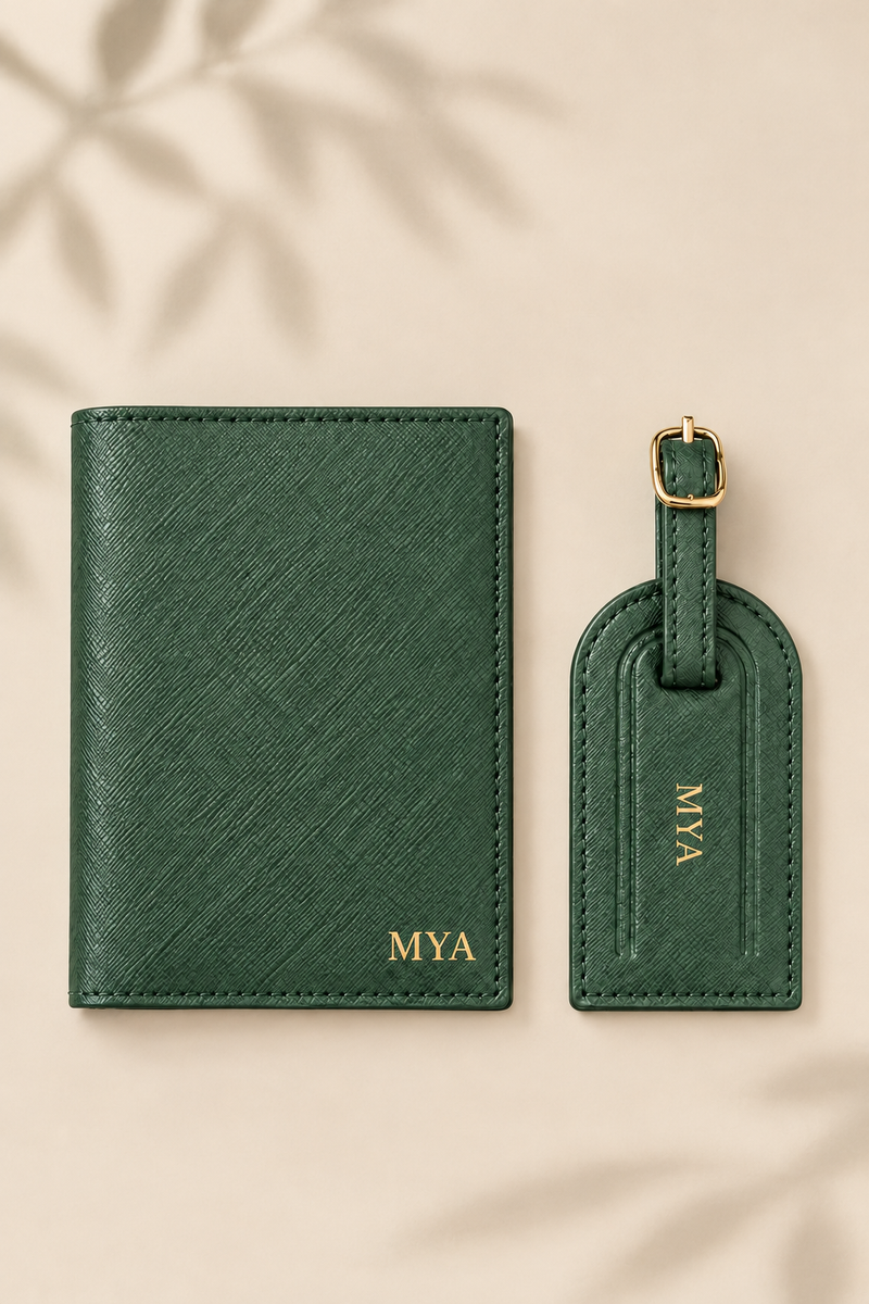 Green Personalized Passport Holder and Luggage Tag Gift Set