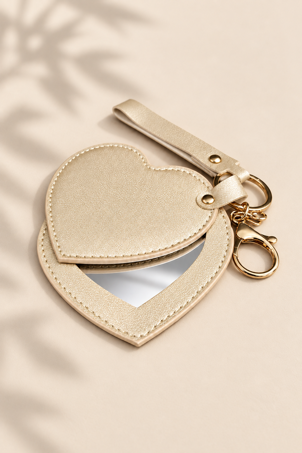 Beige Heart Compact Mirror Keychain