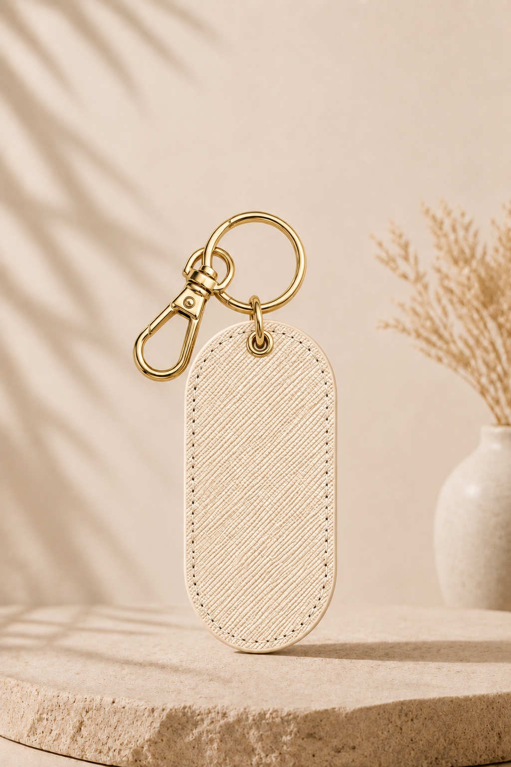 Beige Saffiano Leather Keychain