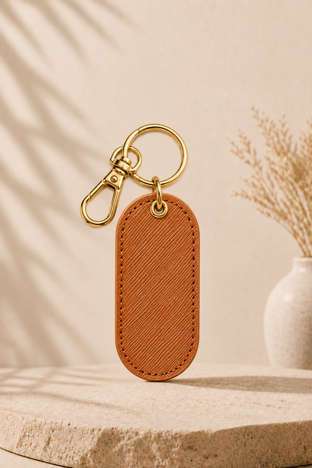 Tan Saffiano Leather Keychain